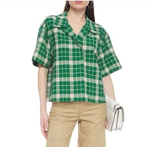 MM6 Maison Martin Margiela Green Tan Check Plaid Boxy Short Sleeve Top Size 40